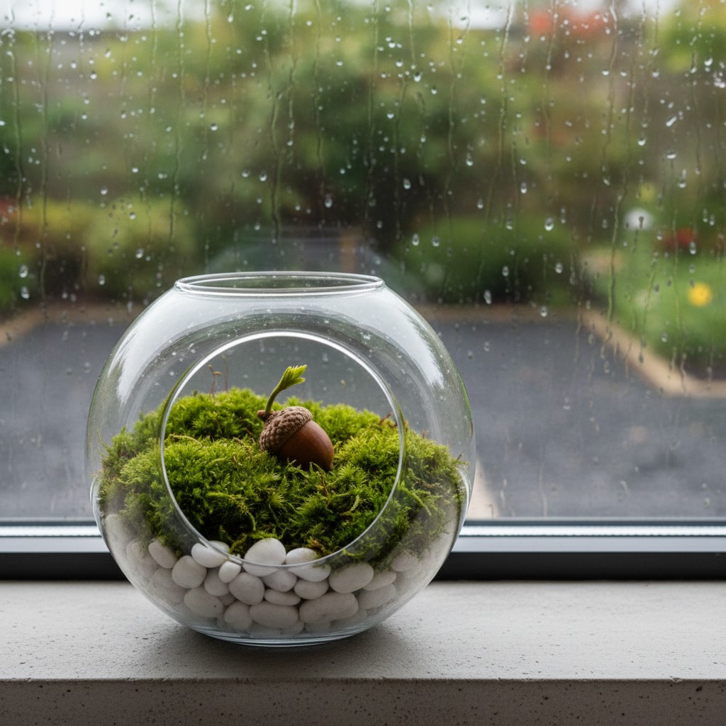 A glass terrarium sits on a stone countertop against a window with raindrops as the background. The terrarium consists of ...